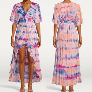 NWT YOUNG, FABULOUS & BROKE high and low tie dye multicolor ruffle dress in M